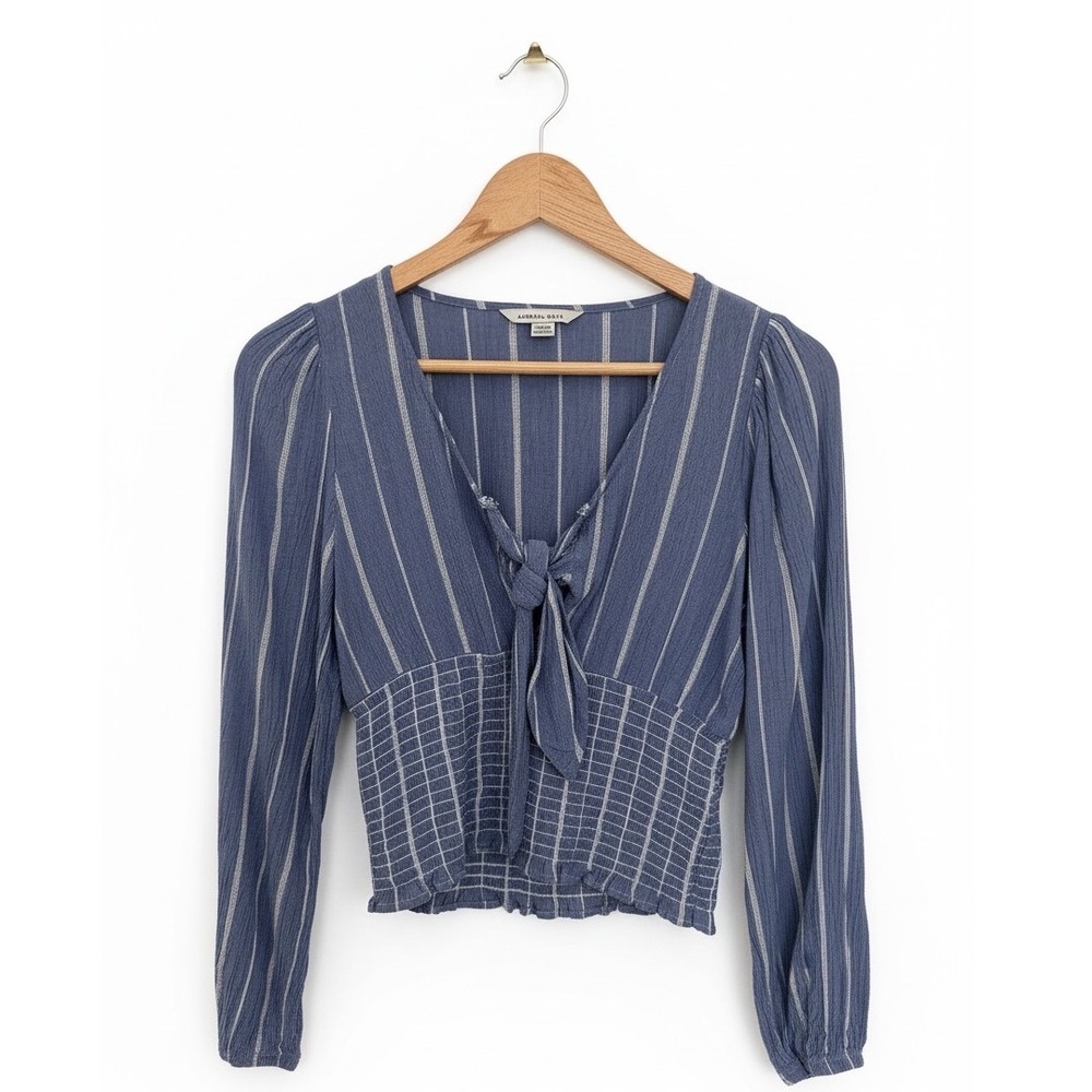 American Eagle Tie Front Smocked Crop Top Blue Striped Medium Womens